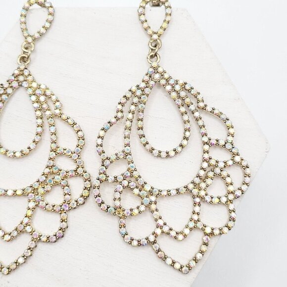 Large AB Rhinestone Drop Dangle Earrings 3.5" Modern Pierced Sparkle Bling EUC - Picture 3 of 8